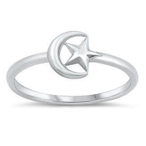 Sterling Silver Crescent Moon & Star Ring 7 mm
